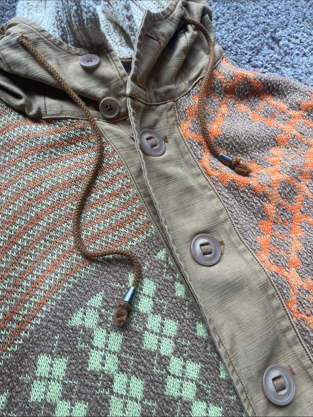 Free People Reno Knit Jacket Tan Crochet Hooded Zip Button Front Small - Picture 9 of 17